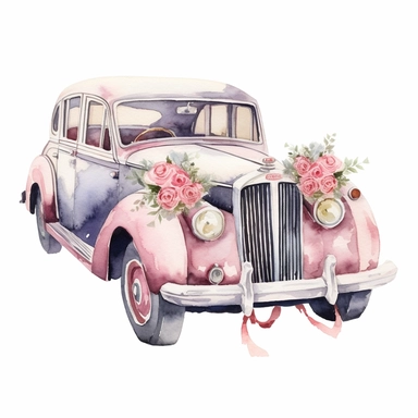 watercolour wedding car, clipart on white background, highly detailed, professional color gradation, clean sharpness