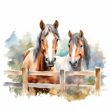 Watercolor 2 Horses behind Fence clipart, hyper realistic, detailed, stylised, nature scene, hyper detailed, cozy colors