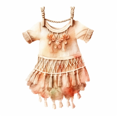 cute watercolor newborn boho Woven Macrame baby dress, isolated white background, babyshower clipart, 8k, bright beige boho colors