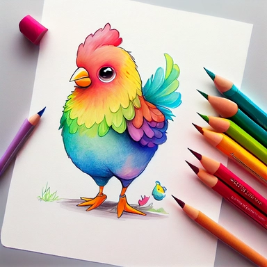 funny pink, yellow, blue, orange and green chicken, hen with rooster, with beautiful legs, like a friend, cartoon style, white background, black outside lines, designs, white background, watercolor pencil drawing, small details, digital art, clipart, super acurate, –testp, pixar,