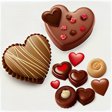 beautifully decorated, Valentine chocolate candy and heart shape cookies, clipart, vector, on white background, hyper realistic, super detailed, photorealistic
