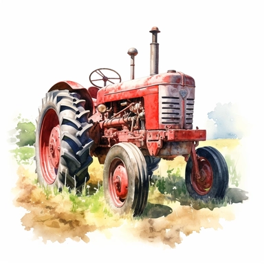 Clipart, Tractor, watercolor painting by Dorothy Hood, red tractor on a white background, shutterstock contest winner, american scene painting, detailed painting, watercolor, white background, behance hd, detailed painting, digital illustration