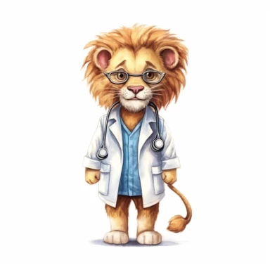 cute Lion character wearing doctor clothes and doctor element with happy face,front facing on isolated background,with happy face and expression,Animal Sublimation Clipart,no splash watercolor,white background, ultra detailed clipart, cut out image, colorful watercolor realistic, cartoon style, ultra HD, sharp and clean art