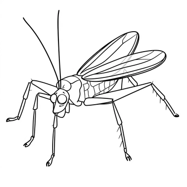 [Theme: bug] insect grasshopper, simple clipart, coloring book for kids, minimalist vector line art, thick solid black lines, black and white, isolated on white background