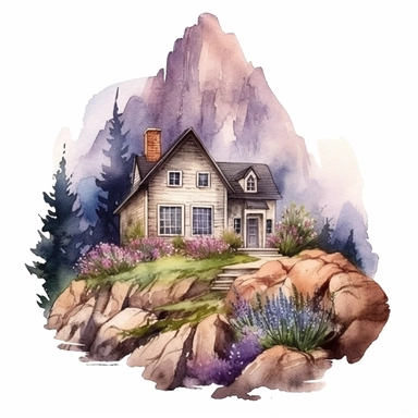 watercolor cottage house on stones cliff wildflowers clipart, far away mountains, subdued colors