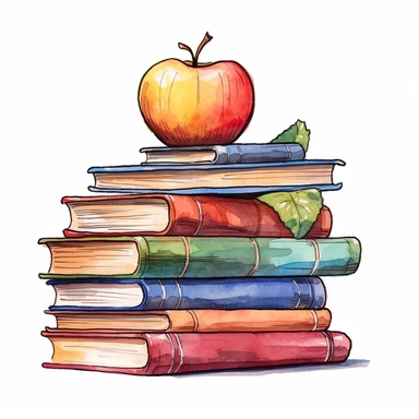 a stack of school books, apple on top, maple leaf, style by Lusy Fleming, folk art, watercolor, clipart elements, smooth gradients, black contour outline, ultra detailed, white background, super clear, high quality 6