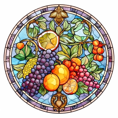 Vintage Cute Beautiful Round Stained Glass fruit Sublimation Clipart, Cartoon, hyper realistic, intricate detail, illustration style, high solution, on the white background