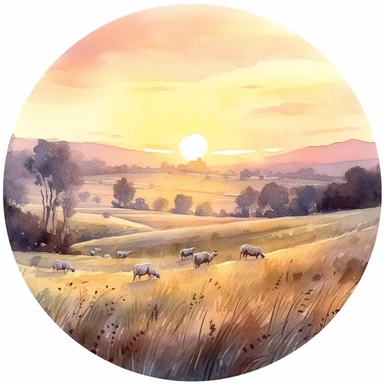 clipart style, watercolor scene of A captivating depiction of a Twilight Meadow, featuring a panoramic view of gently sloping hills and fields aglow with the warm hues of twilight. The soft light filters through the tall grass, creating a serene atmosphere that is enhanced by the presence of grazing animals, such as cows or sheep, HD, on white background