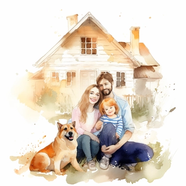 Home, Cute family with baby and dog on the side, surrounded by white background, clipart wide shot, very detailed, watercolor illustration, white background, cinematic, ultra hd, ar-- 2:3