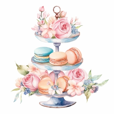 Clipart, Watercolor, Blush Floral Shabby Chic Tier Candy Tray with Sweets, Macarrons, Cakes and Cupcakes, light colors, hand-draw, texture