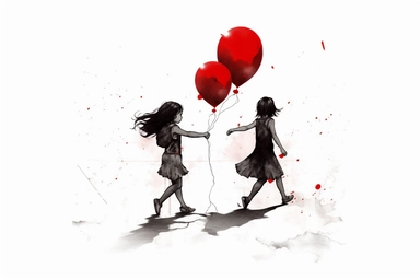 cute beutiful girl and girl holding hands, red half of the heart shape balloon geometric minimalist , valentine's day, top view, running in Tokyo, ink, Ghibli style, 8k, Leyka 35mm very detail clipart on white background space out 8k
