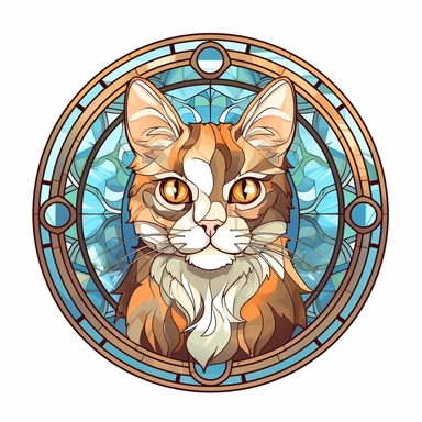 Vintage Cute Beautiful Round Stained Glass Cat Sublimation Clipart, Cartoon, hyper realistic, intricate detail, illustration style, high solution, on the white background