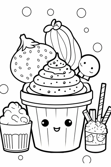 Kawaii Ice Cream with delightful designs and flavors, like blueberry, chocolate chip, and banana For Simple Coloring page,line art, thick lines, black and white,clipart, illustration, on white background,margin Page 10px