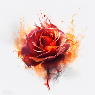red flame dipped Rose with magical effects and burning effects, clipart, hyper-realistic painting, airbrush art, richly layered, solid white background, minimalist background, in the style of ethereal illustrations, mende art, kimoicore, romantic emotivity, nouveau réalisme, rich and immersive, soft color, wedding theme