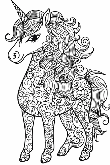 cute unicorn playing depicted in the style of clipart, white background, vector lines, in the style of a coloring book, thick, clear,lines, black and white,