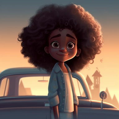 pixar illustration of Harper sitting down in back seat of car , in Sag Harbor town , An illustration of fiver year old light skin happy black girl with curly afro, siiting in backseat of a car looking out onto the harbor , from the community's stunning Sunset Beach, east hampton , summer vaction, beach town , summer days , muted tones , shy warm heart , pixar , hyper detailed , smooth skin realistic animated — Happy Black Girl Smiling art,black girlsclipart, Funny black girl , Cheerful african a