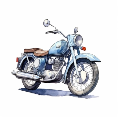 light blue motorcycle, gray wheel, watercolor drawing, simple illustration, hand drawing, shadowless basic hand drawn watercolor painting, clipart, complete side view, basic, pastel, 2D