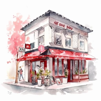 Watercolor illustration, street coffee house, ruby colors, Japanese bakery house at shinjuku storefront with mall vibes, very beautiful, attractive, , wet watercolor, pencil, Angela Hao's work style, clipart solid white background
