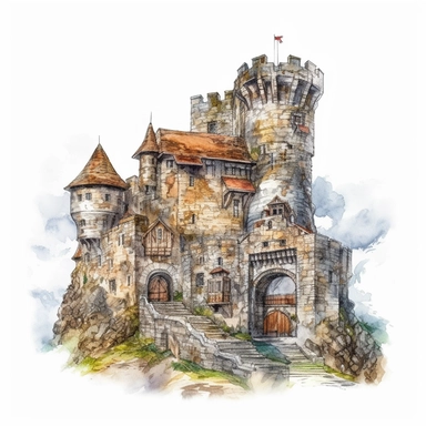 isolated images, illustrations on a white background, realistic medieval castle, Clipart, watercolor, realistic, isolated, full building, highly detailed, hdr, 32K, photo expert quality, watercolor realistic, hyperrealistic and highly detailed, isolated on a white background