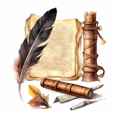 Old book, paper scroll and feather pen sketch set, Watercolour Illustration clipart, 4K, extremely detailed Sublimation Clipart,Cartoon,hyper realistic, intricate detail, illustration style,high solution,on the white background