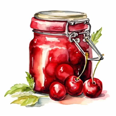 A jar of homemade cherry jam clipart, white background, watercolor drawing