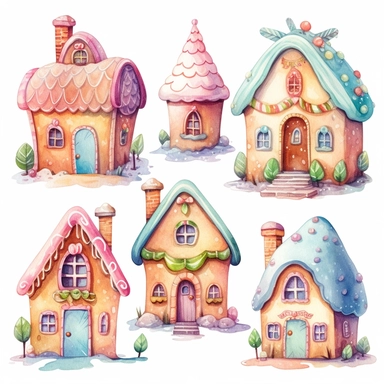 very simple watercolour childrens book style drawing of different cute gingerbread houses, pastel colours soft on white background for clipart, 8k