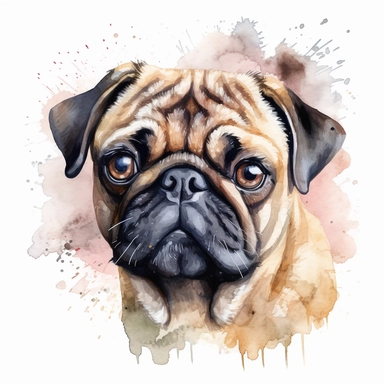 pug in the style of head alone detailed, cartoon style, 2d watercolor clipart vector, creative and imaginative, hd, white background