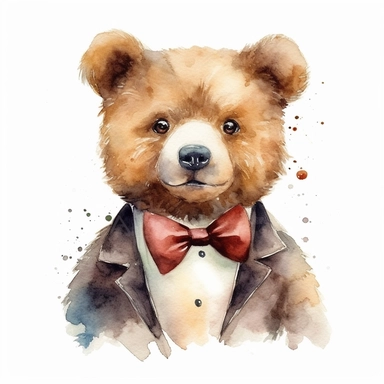 cute little bear with bowtie, high definition, 16k, insanely detailed, fine detail, sharp focus, watercolor illustration, pastel colors, faded colors, white background, vector isolated clipart