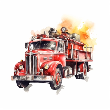 Retro Fire truck In Smoke Clipart watercolor,Cartoon,hyper realistic, intricate detail, illustration style,high solution,on the white background