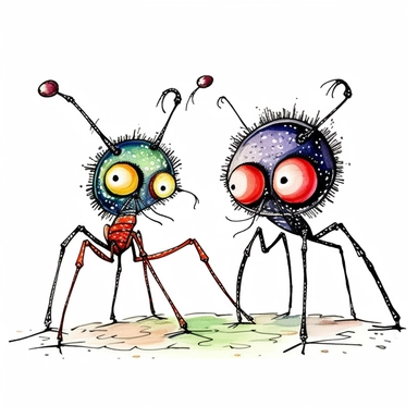 Funny colorful cartoon two ants battles like a pompon clipart with big beautiful eyes and long beautiful legs, distinct fine details, watercolor technique, black contour lines