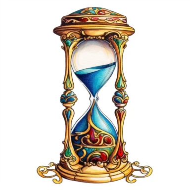 a vintage decorative hourglass, 1920s art, color, clipart, white background