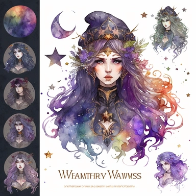 watercolor witchcraft set of gateway, watercolor clipart, isolated elements, in the style of the stars art group (xing xing), tanya shatseva, artgerm, Josephine Wall, pastel colors scheme, charming character illustrations, cute cartoon, beautiful facial features, detailed costumes, lovely, uhd image, transparent/translucent medium, bloomcore, matte painting, white background