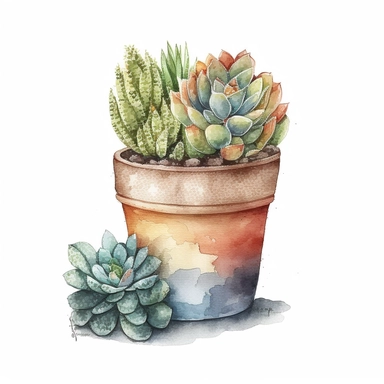 watercolor cute tall succulent potted in a clay pot, white background, clipart