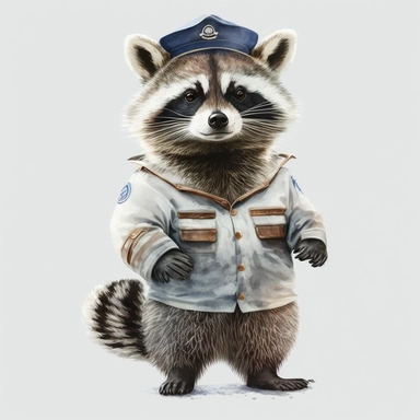 Stylish funny Raccoon in a white sea uniform, full body, pastel waterpaint Clipart, watercolor, high-quality illustration, professional raster graphic, white background, Studio Lighting, ultra-detailed, 8k
