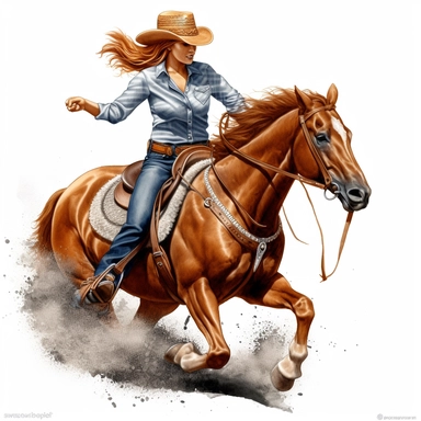 clipart of a realistic cowgirl barrel racing on her horse. high detail, white background. Make sure the whole horse is included.