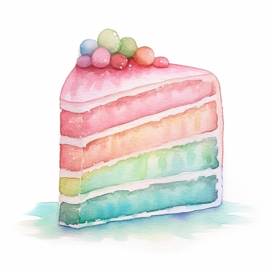 watercolor slice of five layer iced rainbow cake clipart, in pastel pink, pastel bue and pastel mint green, simple handpainted designs, soft harmonious colors, style cute s 900