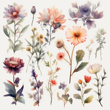 stunning clipart artworks of flowers and plants in a light and minimalistic style. The focus will be on the delicate beauty of each individual flower or plant, which will be separated from the others and isolated on a white background. Use a prominent watercolor style to make it evident that each artwork was painted using the delicate and intricate watercolor technique. Use light colors to bring out the softness of the flowers and plants, while keeping the overall design minimalistic. Each clipa