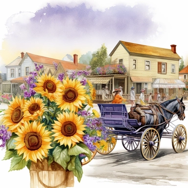 a country small town parade from the early 20th century with one wagon full of sunflowers and lavender watercolor clipart no fonts no letters no words