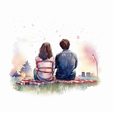 American girl and her boyfriend of 2 watching Fourth of July fireworks, sitting on blanket on grass, view from behind, clipart, watercolor style, defined edges, isolated on white background