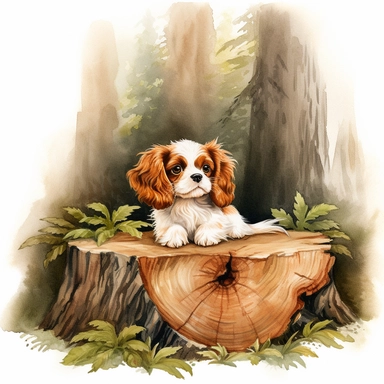 create a beautiful detailed and original watercolor clipart image of a small happy and adorable king charles cavalier puppy in a beautiful redwood forest by sitting next to a large tipped over tree trunk, include fall colors, include detail to grass and fall leaves being crushed under the tree trunk, white background, no text, no font, no word