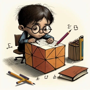 a young student who looks like Harry Potter sits at a desk with a pencil and 1st grade math quiz in front of him, he has a small block of base ten blocks on the table and is using them to build a model of an addition problem to check his work, the image should be in the style of clip art