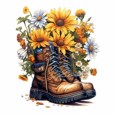 Bumblebee climbing on wild flowers, flower bouquet in an old work boots, highly detailed, acrylic paint, 16k, realistic, isolated on a white background, clipart