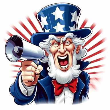 A clipart illustration of Uncle Sam with a megaphone, announcing a patriotic message