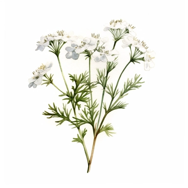 An image showcasing a flowering caraway plant, with tiny white blossoms clipart, white background, watercolor sophisticated drawing