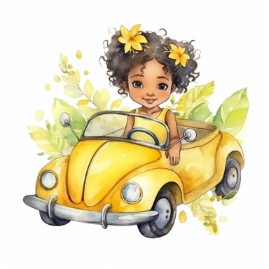 Cute little fairy girl with black skin driving a sport car yellow watercolor Clipart