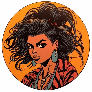 Mike Allred's painting depicting a sneering stern fashionable professional mysterious young girl African Persian spy, Amoako Boafo Josh Kirby Dungeons & Dragons, handpainted punk zine indie retrowave, clipart illustration, circular solid background, circular border