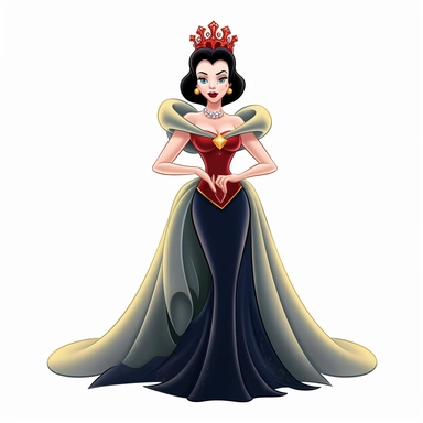 FULL-BODY PERSPECTIVE OF A 2D DISNEY CLIPART ILLUSTRATION OF A BEAUTIFUL AND BENEVOLENT QUEEN, WHITE BACKGROUND, STYLE OF DISNEY'S 1937 MOVIE SNOW WHITE, WHITE BACKGROUND