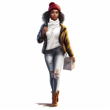 Hyperrealistic beautiful full figure black beauty lady, winter clothes fall attire, cute and colorful, clipart, hd, white background