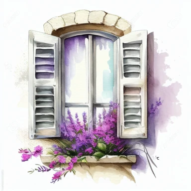 clipart watercolor, detailed, realistic, white background. Window with shutters with lavender flowers on the sill, ledge