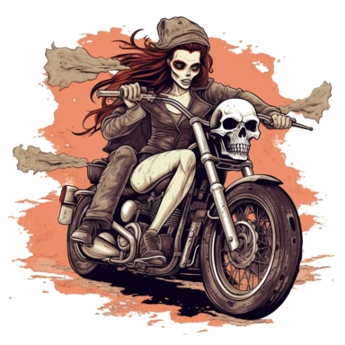 skull headed and skull faced female motorcyclist on a harley looking very tough and hardened white background clipart c 100